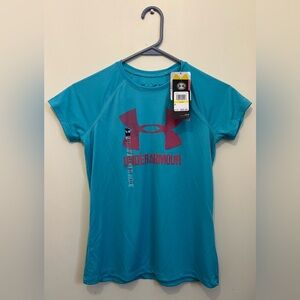 Under Armour T-shirt, Blue with UA pattern and Under Armour words.